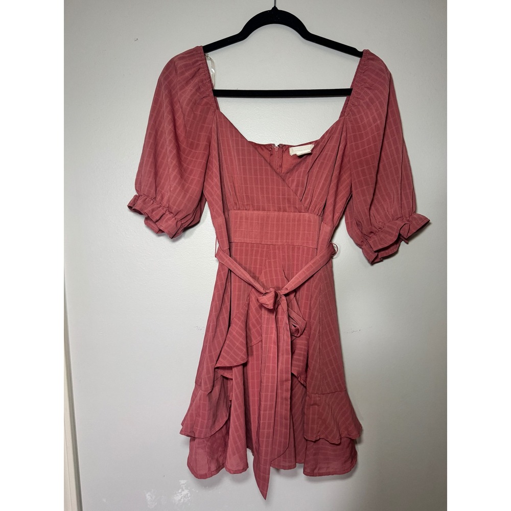 Altar'd State Pink Grid Ruffle Mini Dress Puff Sleeve Surplice Wrap 26BX54FCLI M